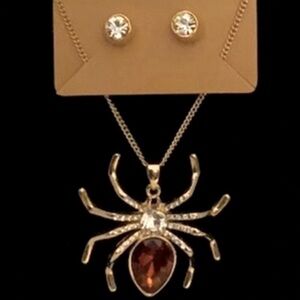 Gothic Spider Necklace & Earring Set Burnt Orange Stone with Crystals - EUC